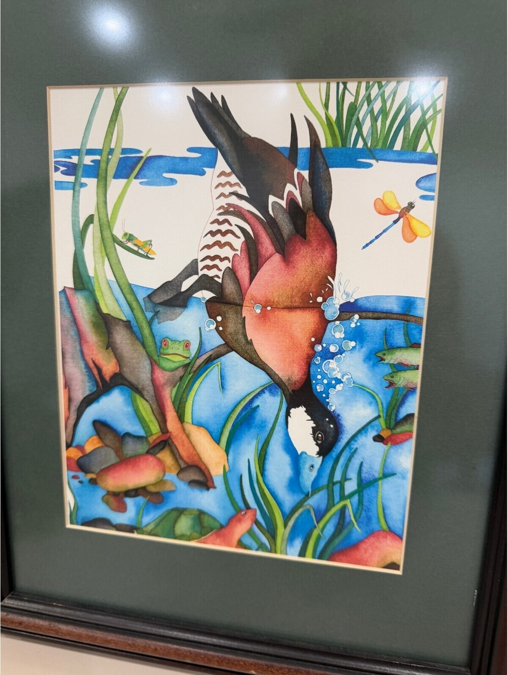 Framed Watercolor Painting of a Bird Diving in Pond Scene - Picture 7 of 7